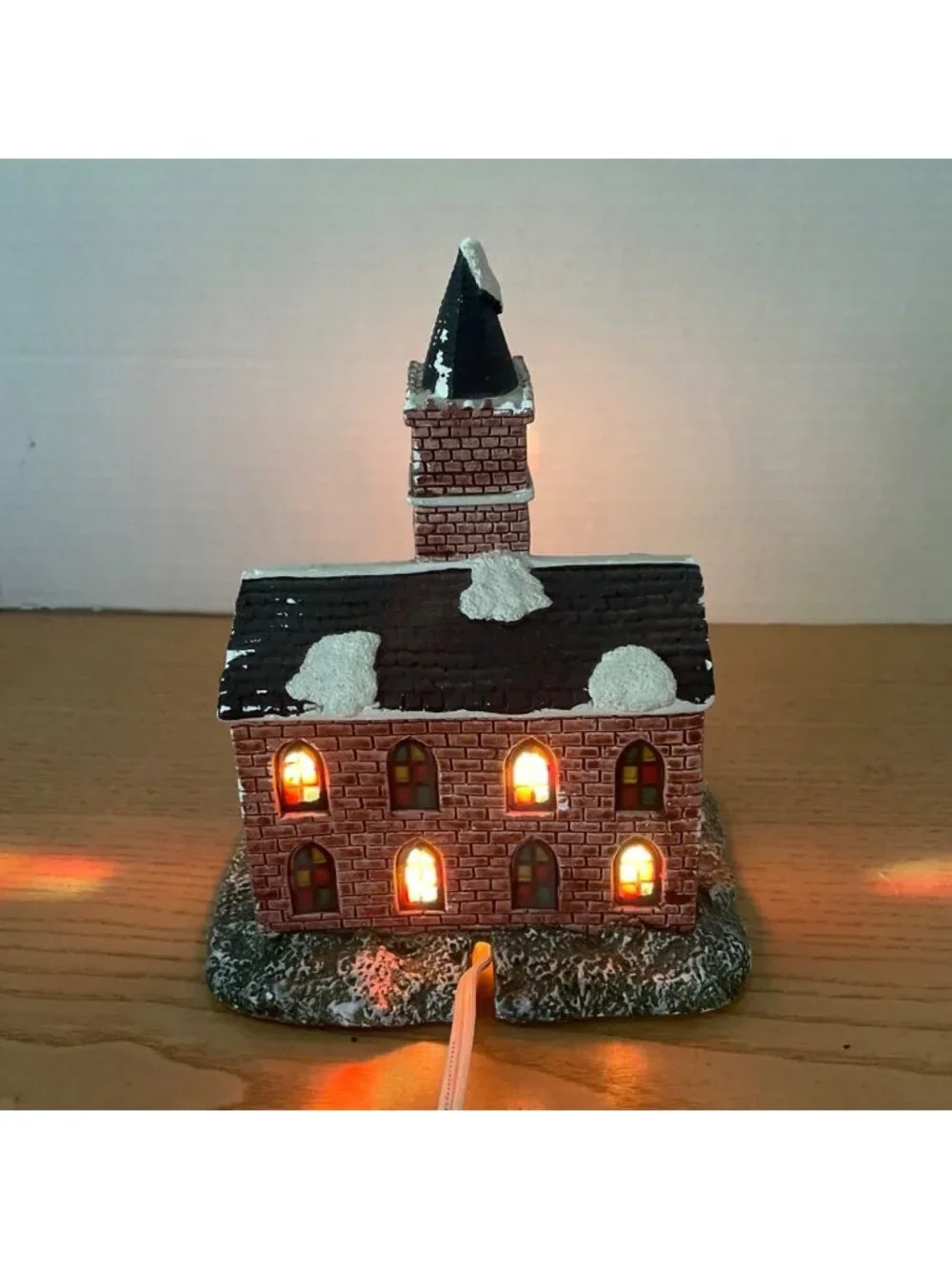 Vintage Christmas Village Church w Faux Stained Glass Windows Lighted House